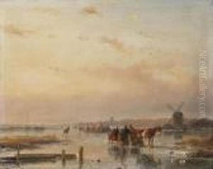 Gathered On The Ice At The End Of A Winter's Day by Andreas Schelfhout