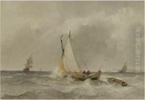 Sailing Vessels In Choppy Waters by Andreas Schelfhout