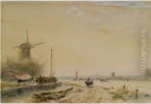 A Winter Landscape With A Windmill, Moored Boats And Figures On Asnow Covered Path by Andreas Schelfhout