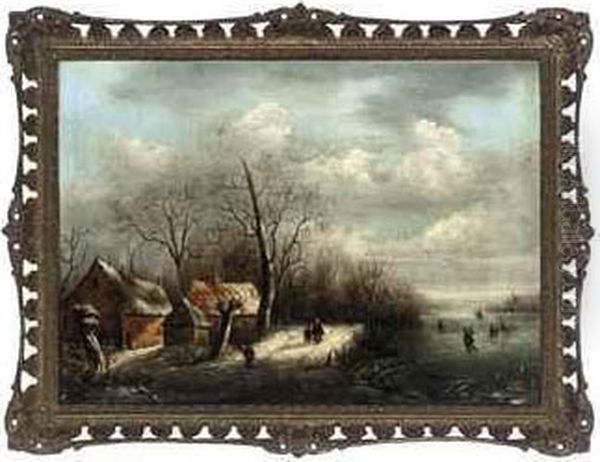 Figures By Cottages And Ice Skaters In A Winter Landscape - view 1