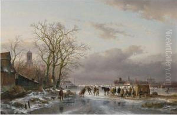 Numerous Skaters And A Horse-sledge By A Refreshment Stall, Atown In The Distance - view 1