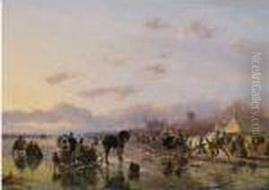 A Winterscene With Skaters And Horse Drawn Sleighs by Andreas Schelfhout