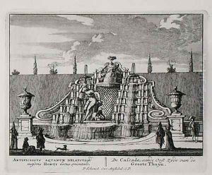 The cascade in an Oriental garden, from Admirandorum Quadruplex Spectaculum, by Jan van Call 1656-1703, published before 1715 by Pieter Schenk