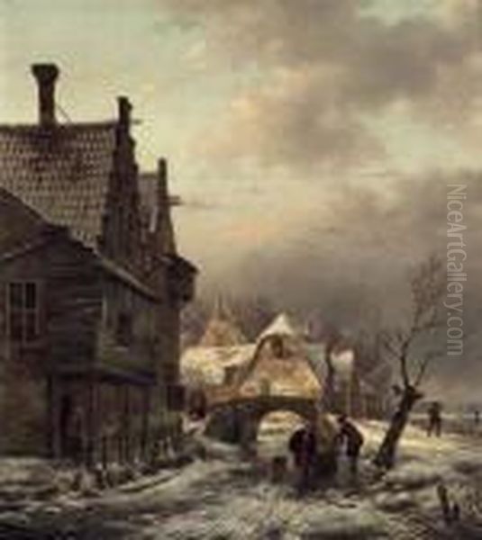 Figures Conversing On A Waterway Near A Village - view 1