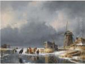 A Winter Scene With Figures And A Horse Sledge By A Mill by Andreas Schelfhout