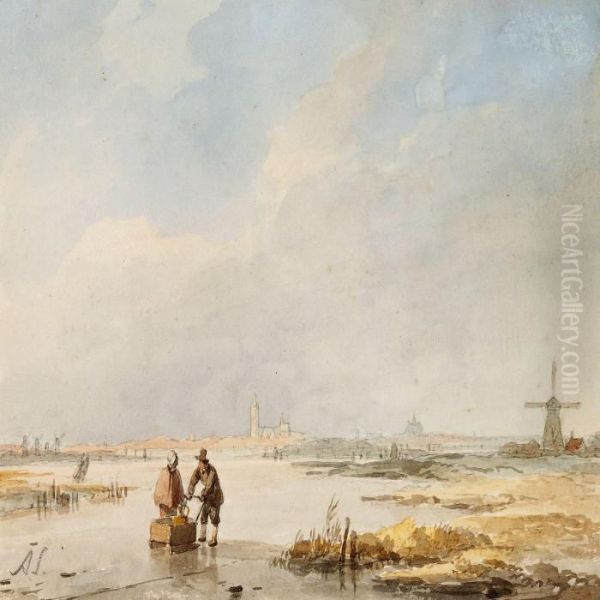 Dutch Winter Scene With A Couple On A Frozen Channel - view 1