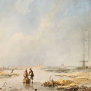 Dutch Winter Scene With A Couple On A Frozen Channel by Andreas Schelfhout