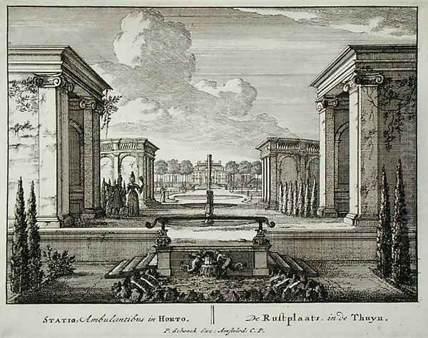 Resting place in a garden, from Admirandorum Quadruplex Spectaculum, by Jan van Call 1656-1703, published before 1715 - view 1