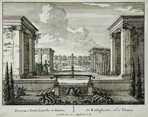 Resting place in a garden, from Admirandorum Quadruplex Spectaculum, by Jan van Call 1656-1703, published before 1715 by Pieter Schenk