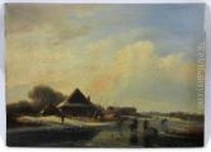 Winter Scene With Figures On A Frozen River by Andreas Schelfhout
