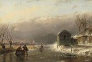 Wood Gatherers On A Frozen Waterway by Andreas Schelfhout