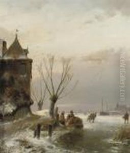 Figures Skating On A Frozen Waterway Near A Mansion by Andreas Schelfhout