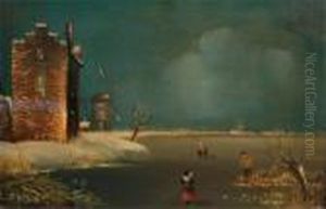 Figures On A Frozen Lake With Windmills