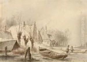 Winter Landscape With Farmsteads Near A Frozen Lake by Andreas Schelfhout