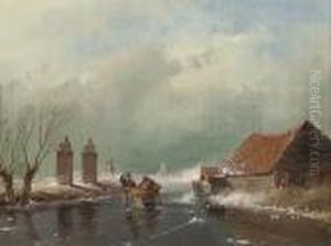 Skaters On A Dutch Waterway by Andreas Schelfhout