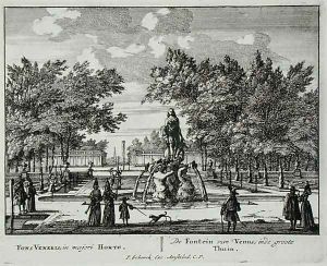 The Fountain of Venus in a grand garden, from Admirandorum Quadruplex Spectaculum, by Jan van Call 1656-1703, published before 1715 by Pieter Schenk