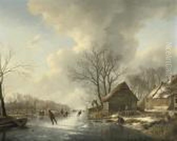 Skaters Near A Farmhouse In Winter - view 1