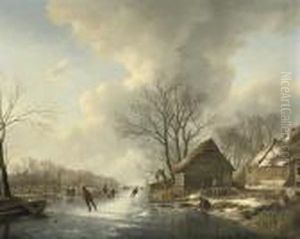 Skaters Near A Farmhouse In Winter by Andreas Schelfhout