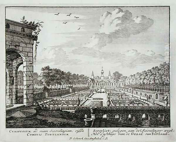 The house and garden at Sorgvliet, seat of Hans Willem Bentinck (1649-1709), 1st Earl of Portland, from Admirandorum Quadruplex Spectaculum, by Jan van Call 1656-1703, published before 1715 - view 1