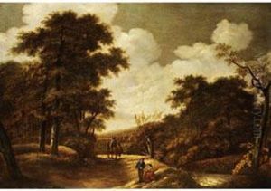 Herbstliche Waldlandschaft Mit Figurenstaffage by Andreas Schelfhout