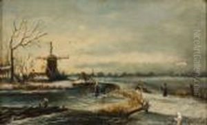 Winterlandschaft Mit Windmuhle by Andreas Schelfhout