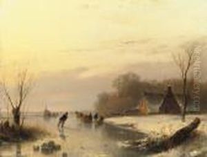 Ice-skating With A Koek-en-zopie In The Distance by Andreas Schelfhout