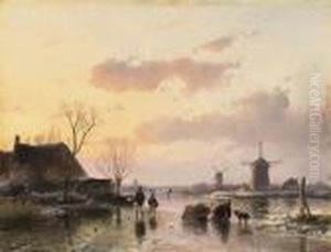 A Winter Landscape With Windmills On The Horizon by Andreas Schelfhout