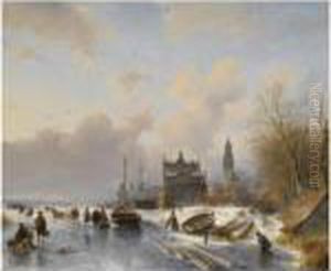 Skaters On A Frozen River Near A Dutch Town by Andreas Schelfhout