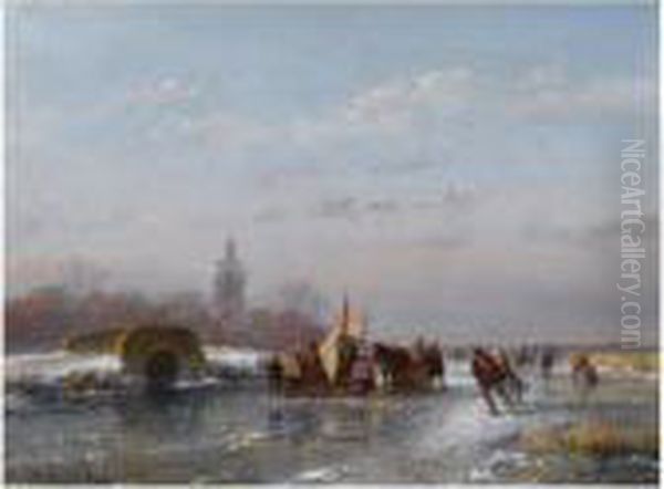 A Frozen Waterway With Skaters And A 'koek En Zopie' - view 1