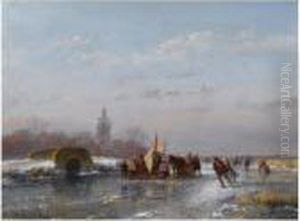 A Frozen Waterway With Skaters And A 'koek En Zopie' by Andreas Schelfhout