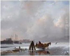 A Horse-drawn Sledge Near A Frozen Harbour by Andreas Schelfhout