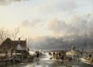 Skaters Near A Koek-en-zopie With Windmills Beyond by Andreas Schelfhout
