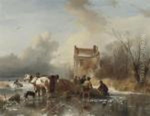 Ice Fishing: Hauling In The Nets On A Winter's Day by Andreas Schelfhout