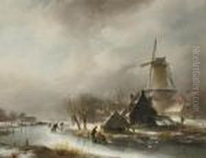 Skating On A Frozen Waterway By A Windmill by Andreas Schelfhout