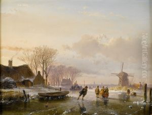 Skaters And Figures On A Frozen River, Haarlem In The Distance