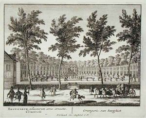 The Orangery at Sorvgliet, from Admirandorum Quadruplex Spectaculum, by Jan van Call 1656-1703, published before 1715 by Pieter Schenk