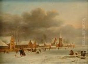 Winterlandscape With Figures On A Frozen River By A Village by Andreas Schelfhout