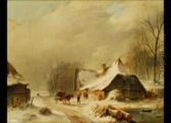 Winterlandschaft Mit Pferdefuhrwerk Vor Einem Verschneiten Bauernhaus - view 1