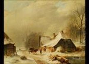 Winterlandschaft Mit Pferdefuhrwerk Vor Einem Verschneiten Bauernhaus by Andreas Schelfhout