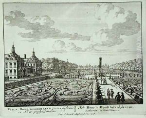 The garden at Honsholredyk, from Admirandorum Quadruplex Spectaculum, by Jan van Call 1656-1703, published before 1715 by Pieter Schenk