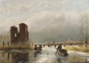 Numerous Skaters By A Ruin, A Town Beyond by Andreas Schelfhout