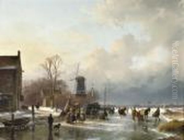 An Extensive Winter Landscape With Numerous Villagers On The Ice - view 1