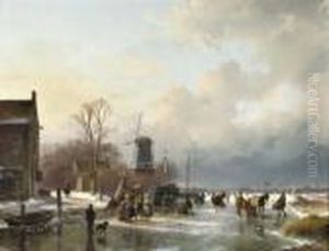 An Extensive Winter Landscape With Numerous Villagers On The Ice by Andreas Schelfhout