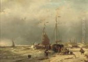 Unloading The Catch On The Beach Of Scheveningen by Andreas Schelfhout