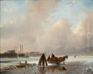Two Figures On The Ice With A Horse And Sledge by Andreas Schelfhout