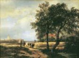 Paysan Et Son Troupeau Dans La Campagne Hollandaise by Andreas Schelfhout