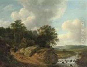 An Extensive Landscape With A Traveller Approaching A Stream by Andreas Schelfhout