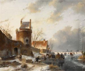 Skaters On A Frozen River Near A Donjon