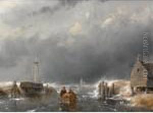 Figures With A Sledge On A Frozen Waterway by Andreas Schelfhout