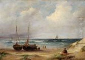 Two Moored Boats On A Beach With A Boy And A Dog In The Foreground Two Moored Boats On A Beach With A Boy And A Dog In The Foreground